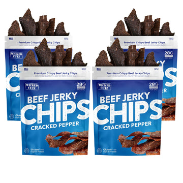Wicked Cutz ed Pepper Beef Jerky Chips  28g Protein per Bag  Crispy & Crunchy Beef Jerky Crisps  USA Made Pepper Flavored Chips  High Protein Carnivore Snacks (4 Bags)