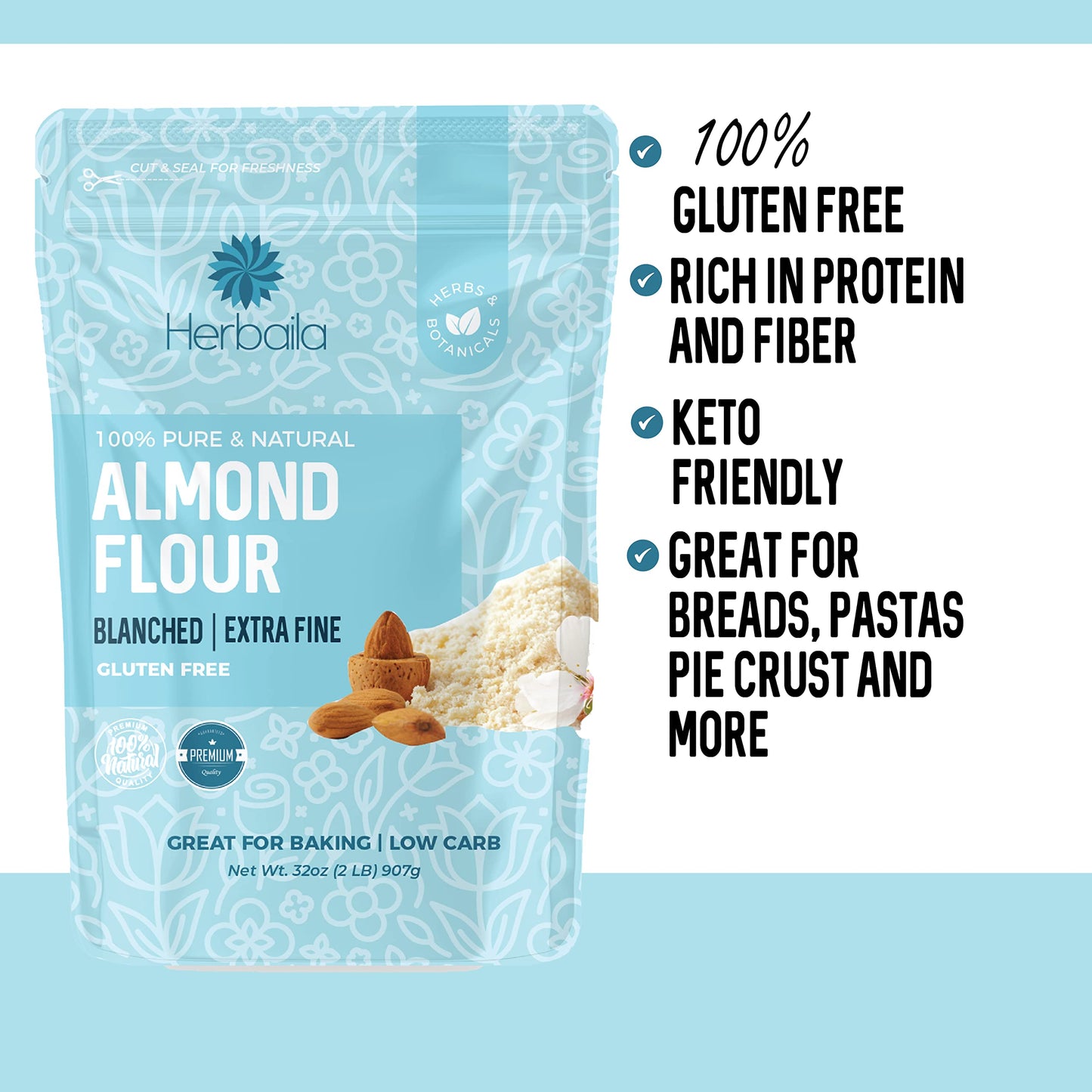 Herbaila Almond Flour, 2Lbs, 32Oz, Blanched Almond Flour, Gluten Free Flour, Keto Bread Flour, Almond Flour, Paleo, Non-Gmo, Vegan.