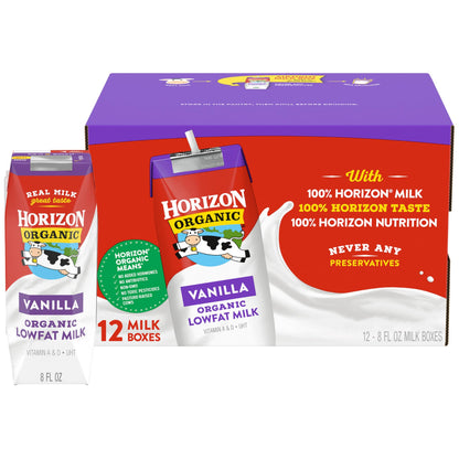 Horizon Organic Shelf Stable 1% Lowfat Vanilla Milk Boxes, 8 fl oz, 12 Count - 8g Protein per Serving, USDA Organic UHT from Pas