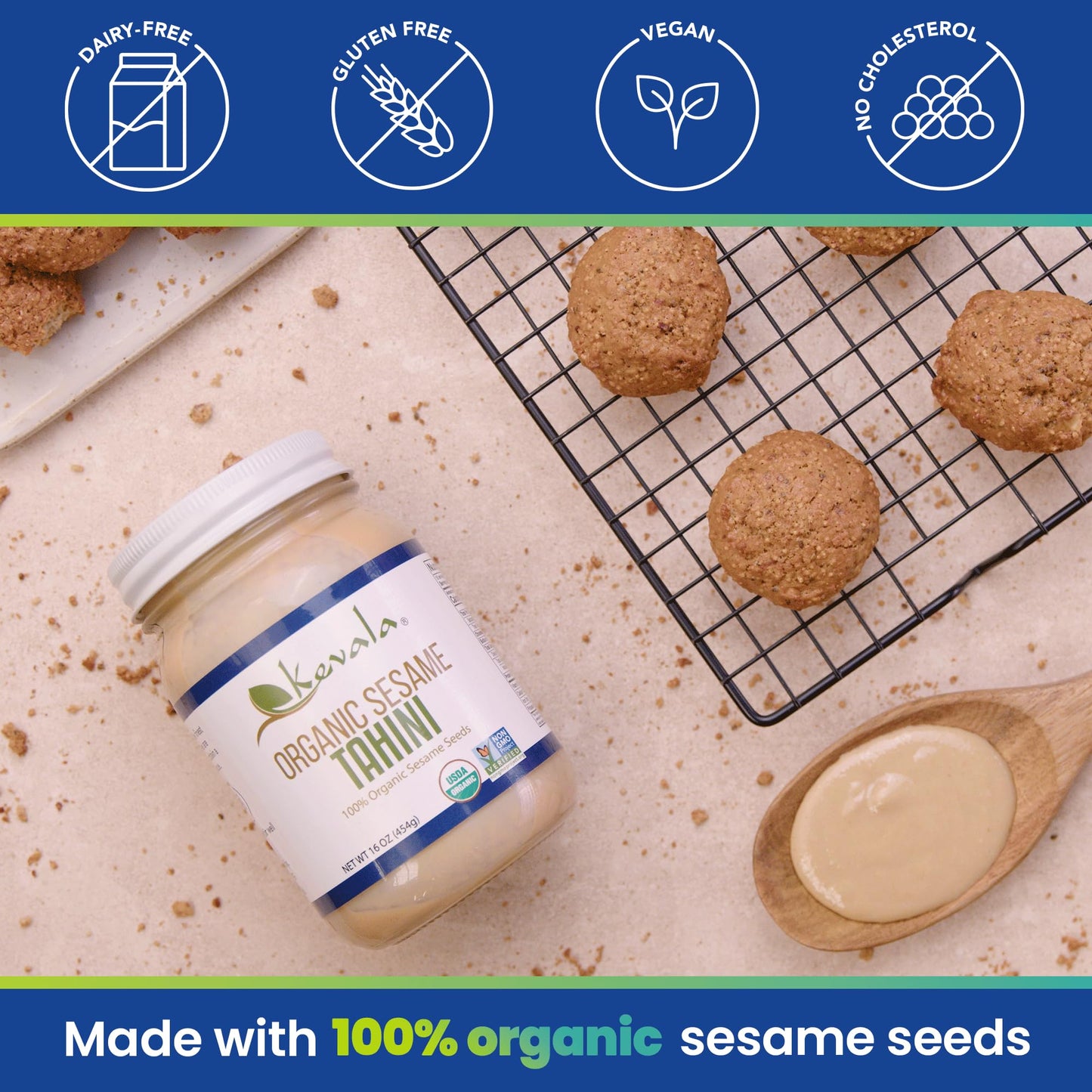 Kevala Organic Sesame Tahini - Vegan Tahini Butter, Kosher Tahini Paste, Made With Premium Sesame Seeds, Tahini For Hummus, Keto Snacks, 16 Oz, 5Pack