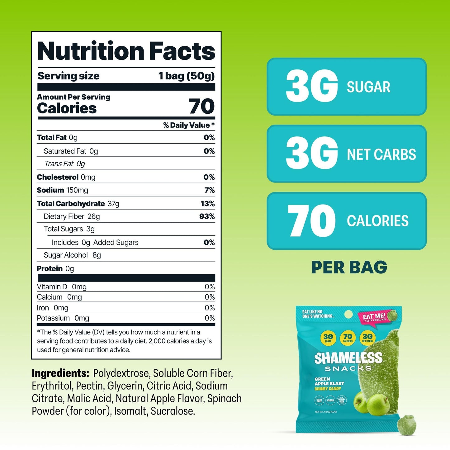 Shameless Snacks - Healthy Low Calorie Snacks, Low Carb Keto Gummies (Gluten Free Candy) - 6 Pack Green Apple Blast