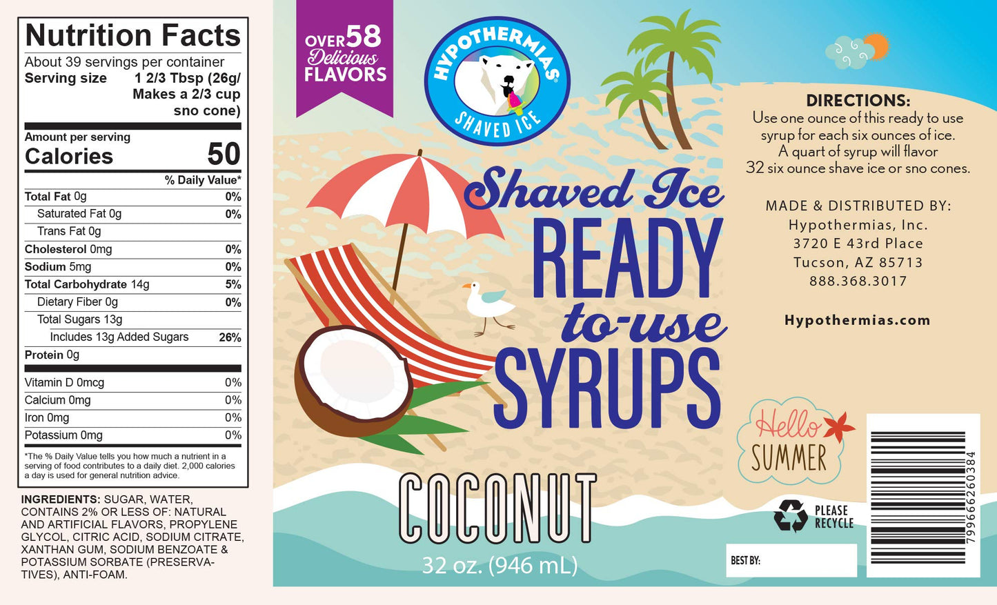 Hypothermias Shaved Ice & Snow Cone Syrup - Quart (32 Fl. Oz) - Coconut - Made With Non-Gmo 100% Pure Cane Sugar, No Corn Syrup