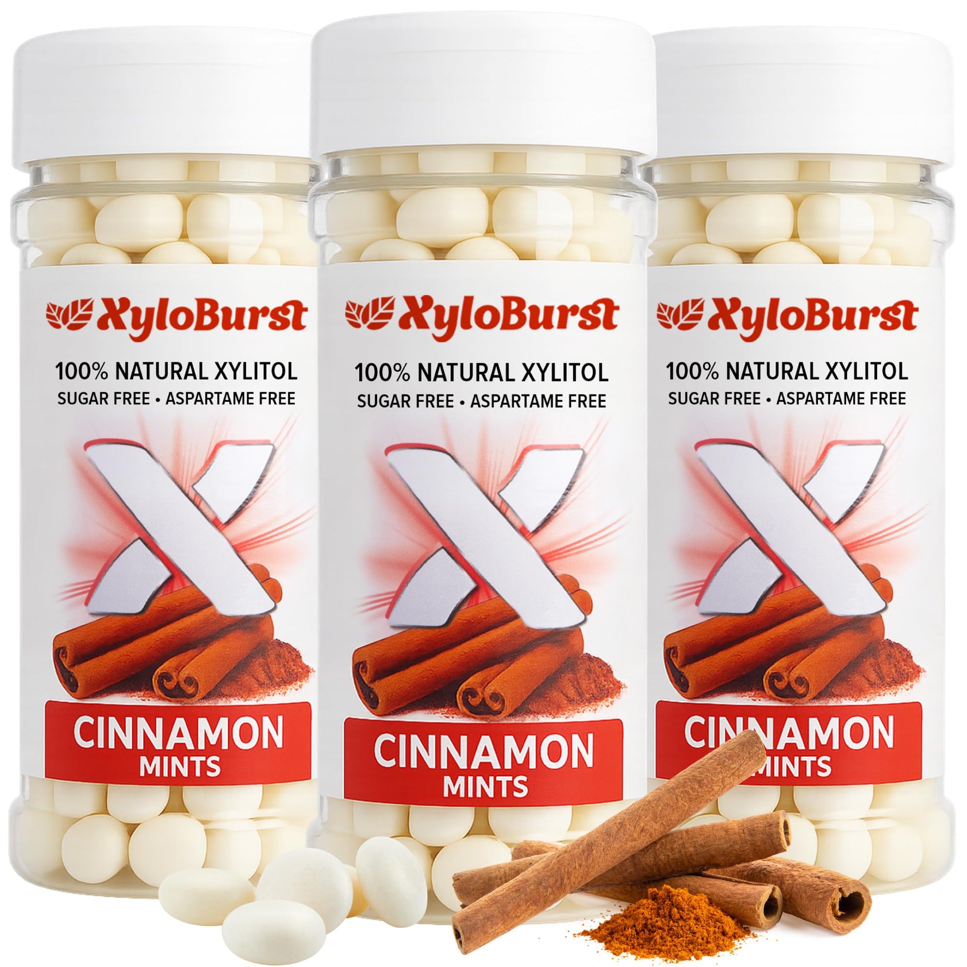 Xyloburst Xylitol Mints - Sugar Free, Vegan, Keto Friendly, Cinnamon Flavor, 200 Count Jar, 3-Pack