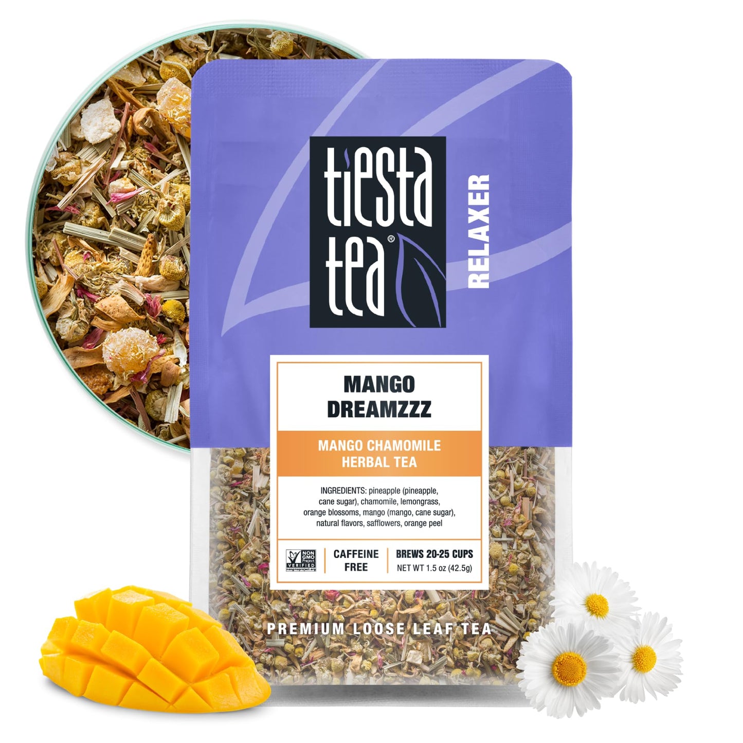 Tiesta Tea - Mango Dreamzzz, Loose Leaf Mango Chamomile Herbal Tea, Non-Caffeinated, Hot & Ice Tea, 1.5 Oz Pouch - 25 Cups, Natural Flavored, Calming, Herbal Tea Loose Leaf