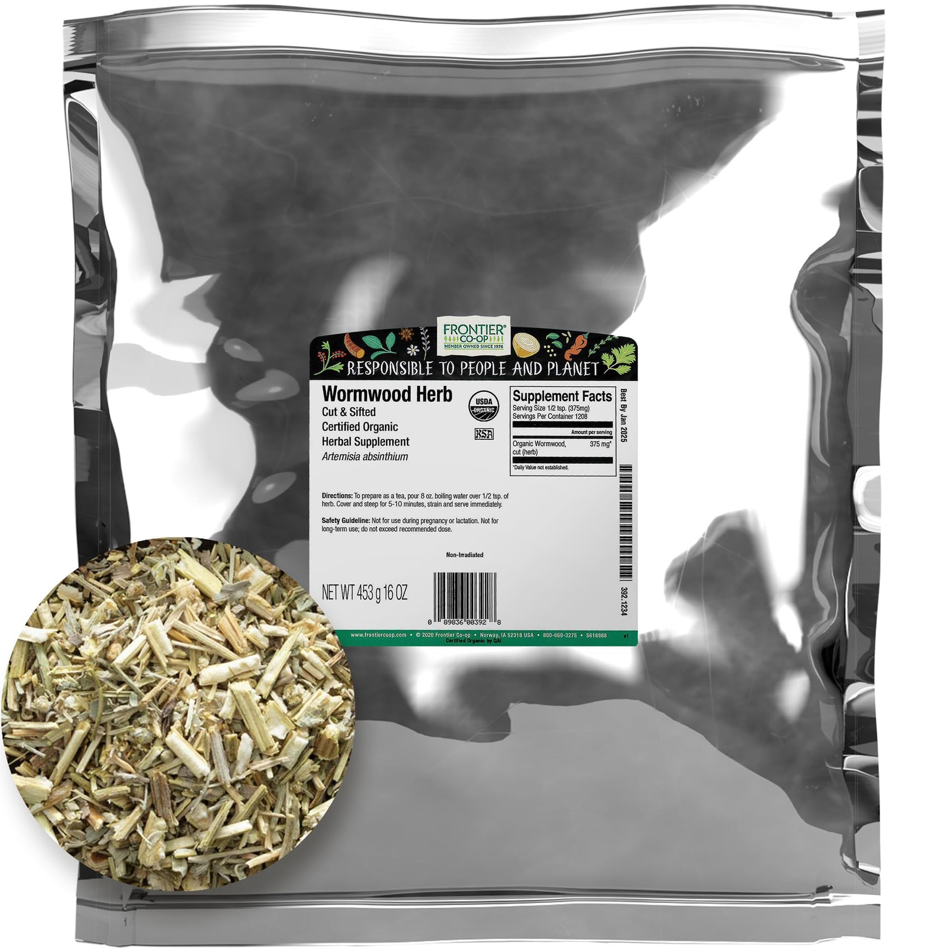 Frontier Co-op Organic Wormwood Herb, Cut and Sifted, 1lb Bulk Bag