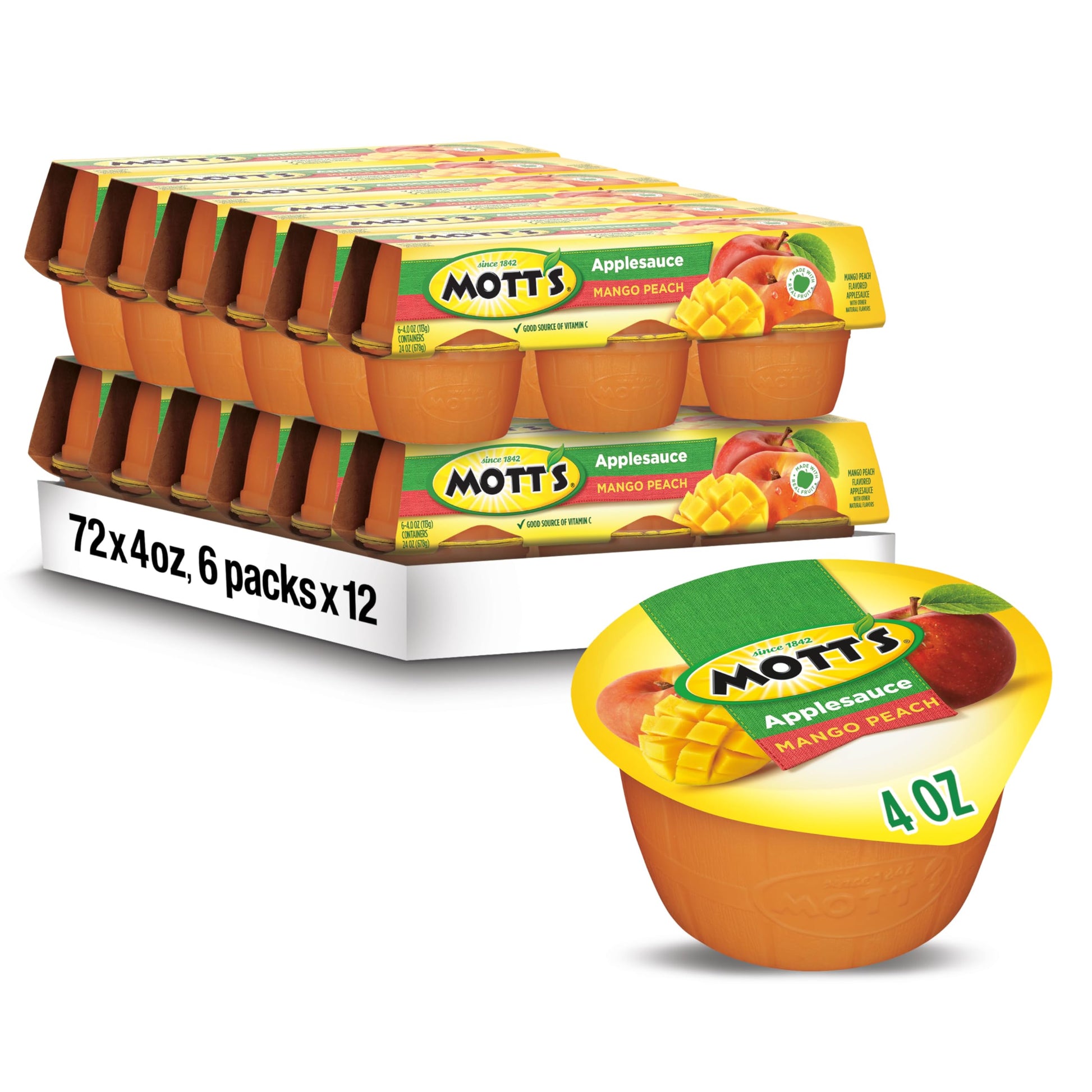 Mott'S Mango Peach Applesauce, 4 Oz Cups, 72 Count (12 Packs Of 6), No Artificial Flavors, Good Source Of Vitamin C, Nutritious 