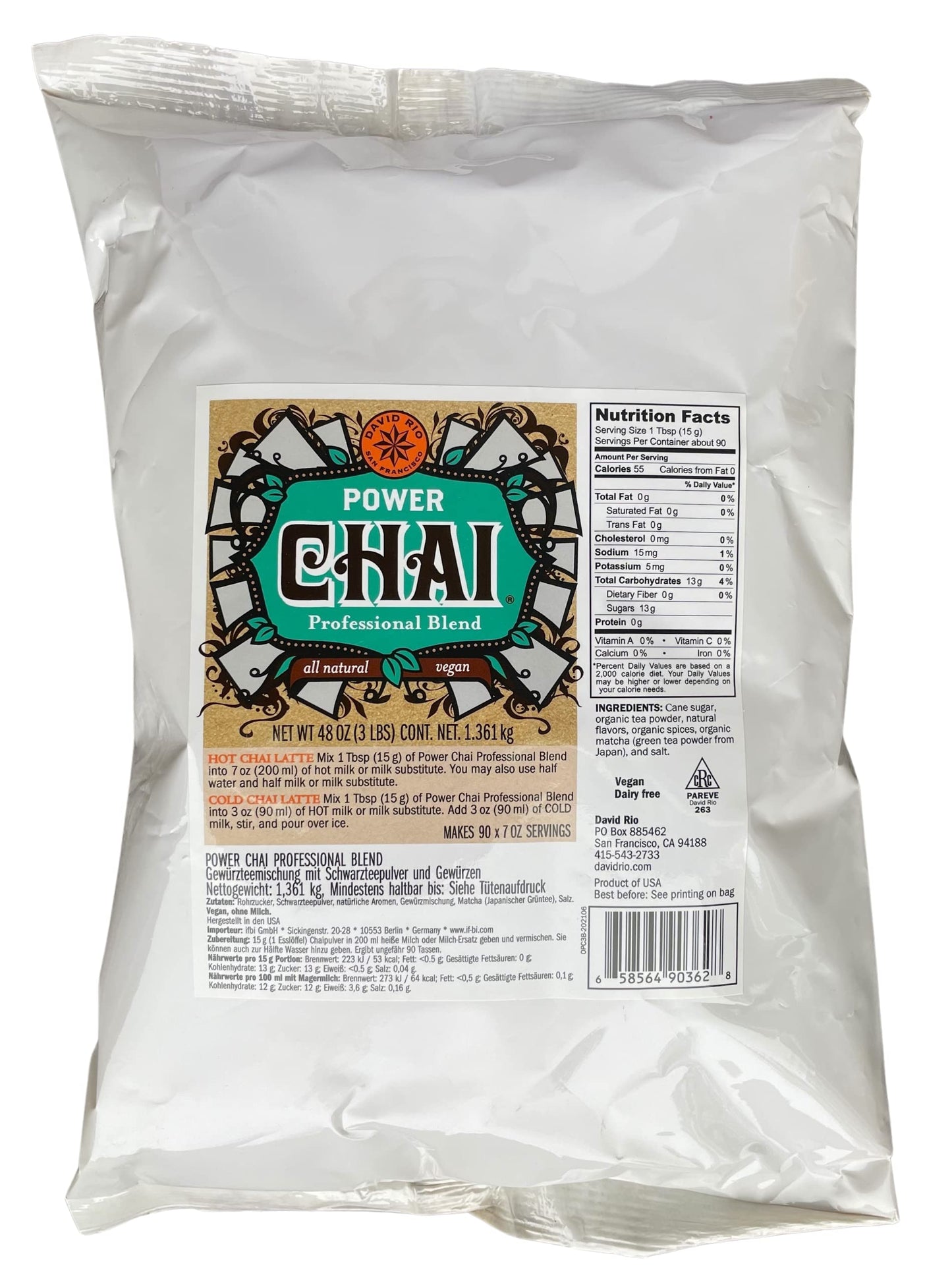 David Rio Power Chai With Matcha, Professional Blend, All-Natural, Vegan, Dairy-Free, 48 Ounce (Pack Of 4)