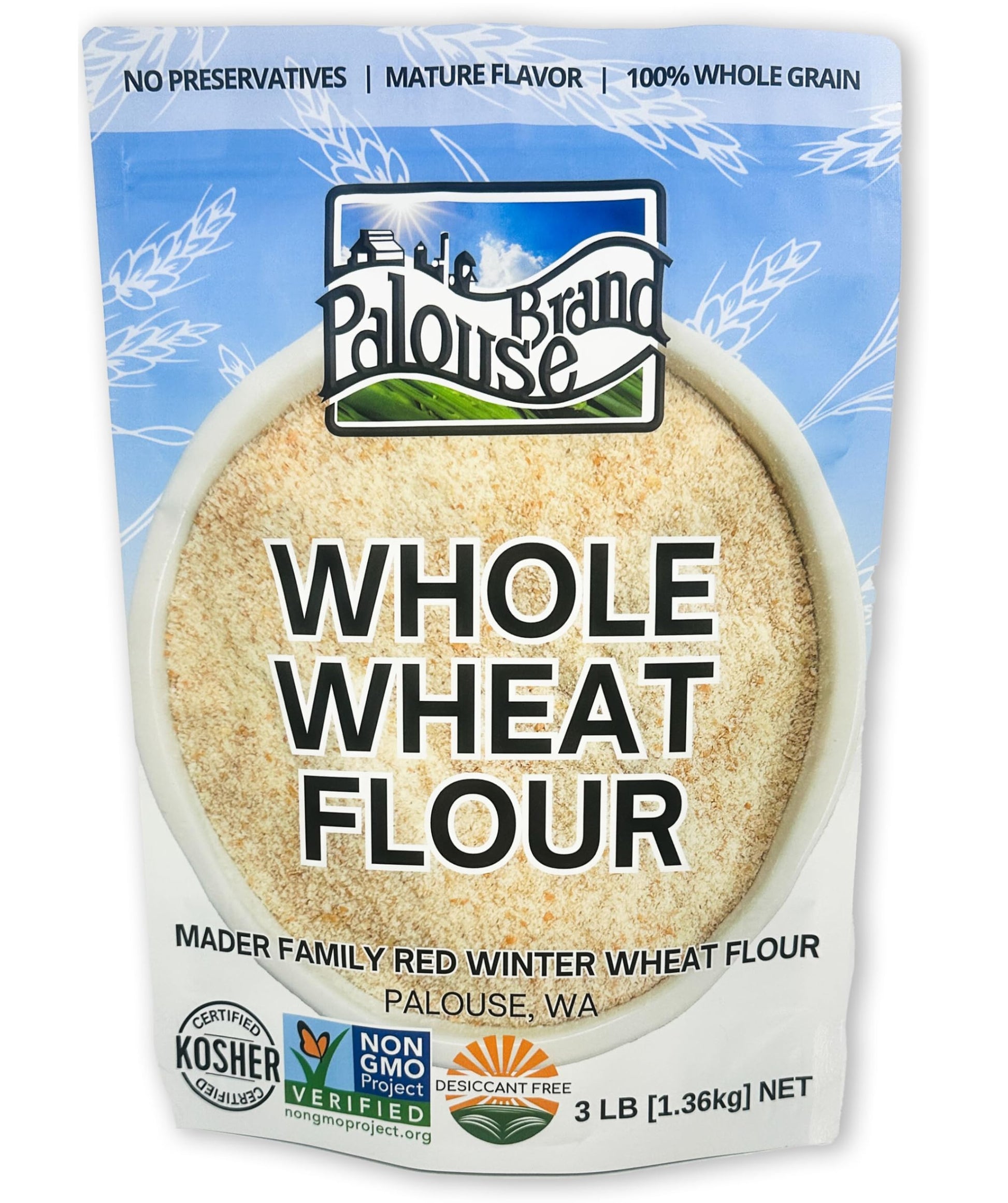 Palouse Brand Certified Glyphosate Residue Free Whole Wheat Flour | 3 LBS | Non-GMO | Unbleached | Stone Ground | Certified Kosh