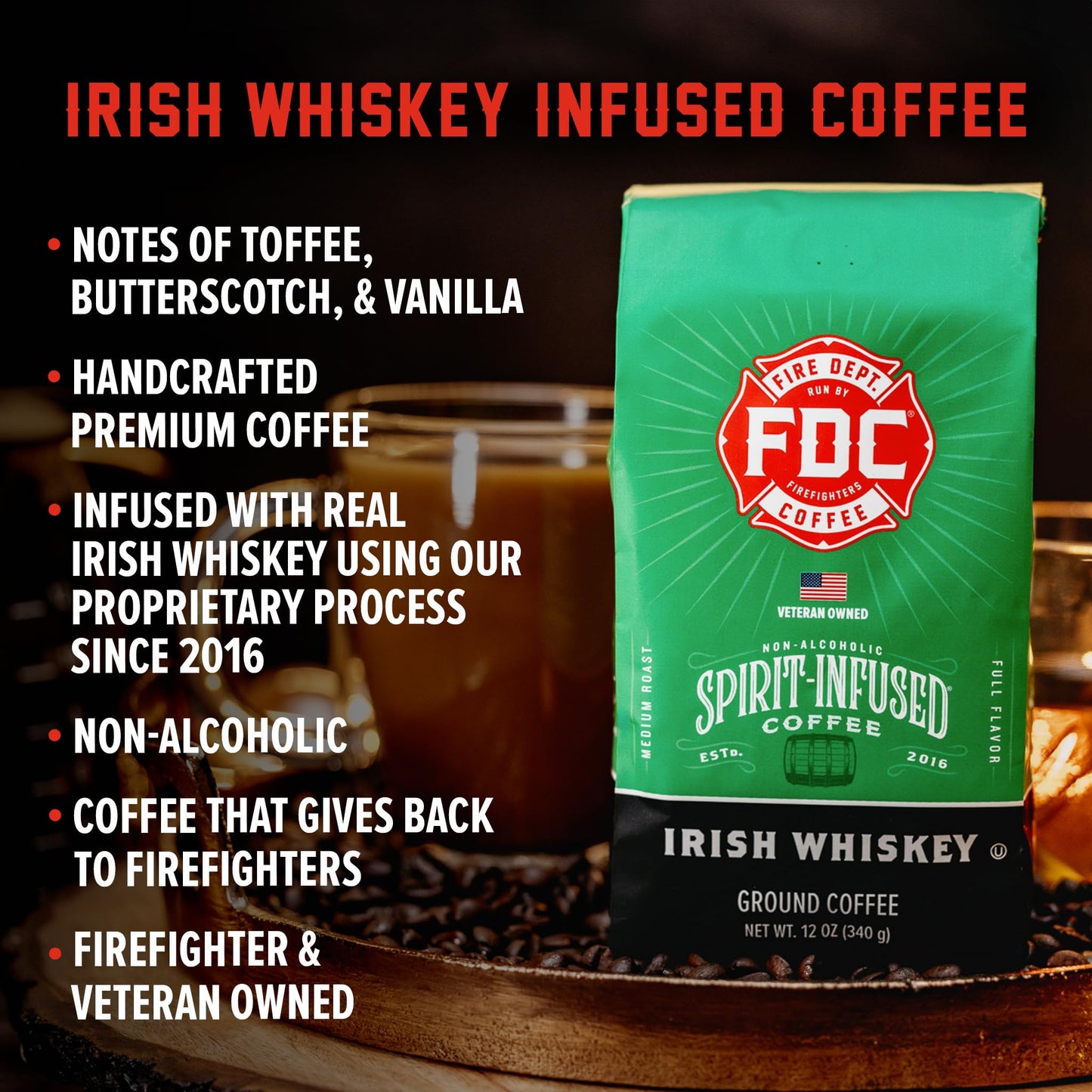 Fire Department Coffee Irish spirit-inspired flavor Infused Ground Coffee - Medium Roast - 12 oz - Veteran Owned - Non-  ic - Roasted in the USA