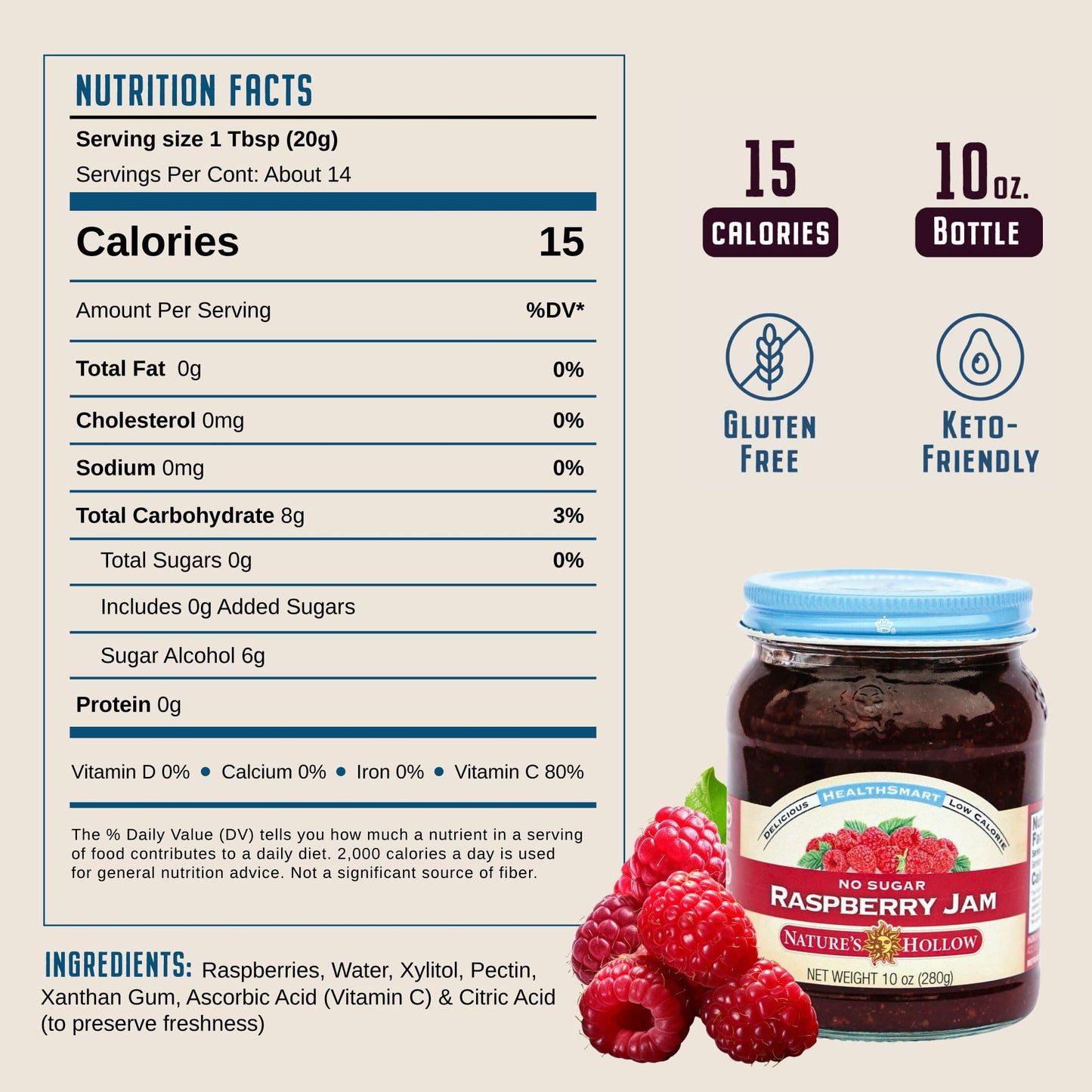 Nature'S Hollow Raspberry Jam: Sugar Free Jam And Preserves, Low Cal, Non Gmo, Keto Jam, Vegan, Gluten Free, And Diabetic Friend