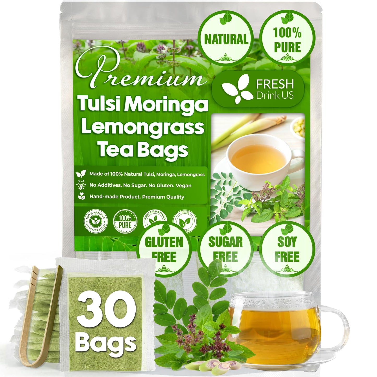 FRESHDRINKUS Premium Tea Bags - Tulsi Moringa Lemongrass, 100% Natural, Vegan, 30 Bags