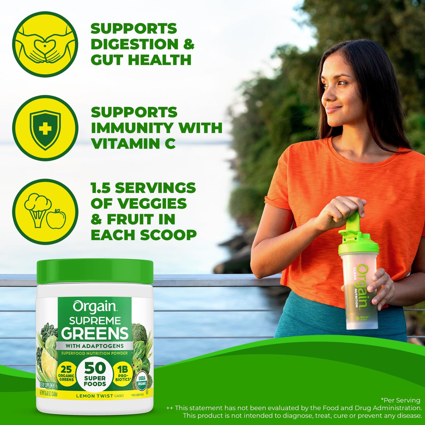Orgain Supreme Greens Powder, 25 Organic Greens & 50 Superfoods, Vegan, 8.48 Oz, Gut Health & Immune Support, Lemon Twist Flavor