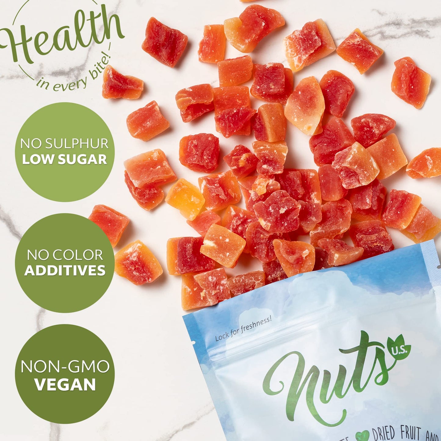 NUTS U.S. Unsulphured Dried Papaya Chunks, Low Sugar, Non-GMO, Gluten Free, Vegan Snacks, 2 lbs Resealable Bag