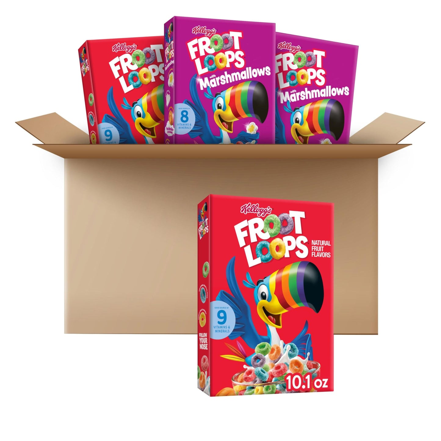 Kellogg s Froot Loops Kids Breakfast Cereal, Variety Pack, Froot Loops and Froot Loops with Marshmallows, 10.1 Ounce (Pack of 4