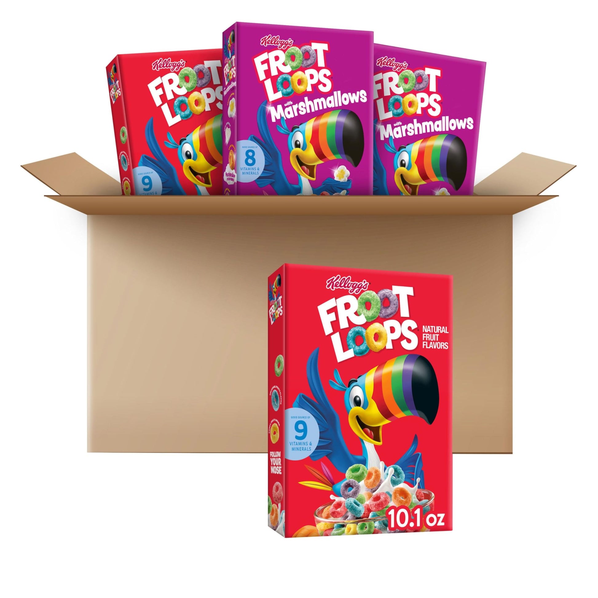 Kellogg s Froot Loops Kids Breakfast Cereal, Variety Pack, Froot Loops and Froot Loops with Marshmallows, 10.1 Ounce (Pack of 4