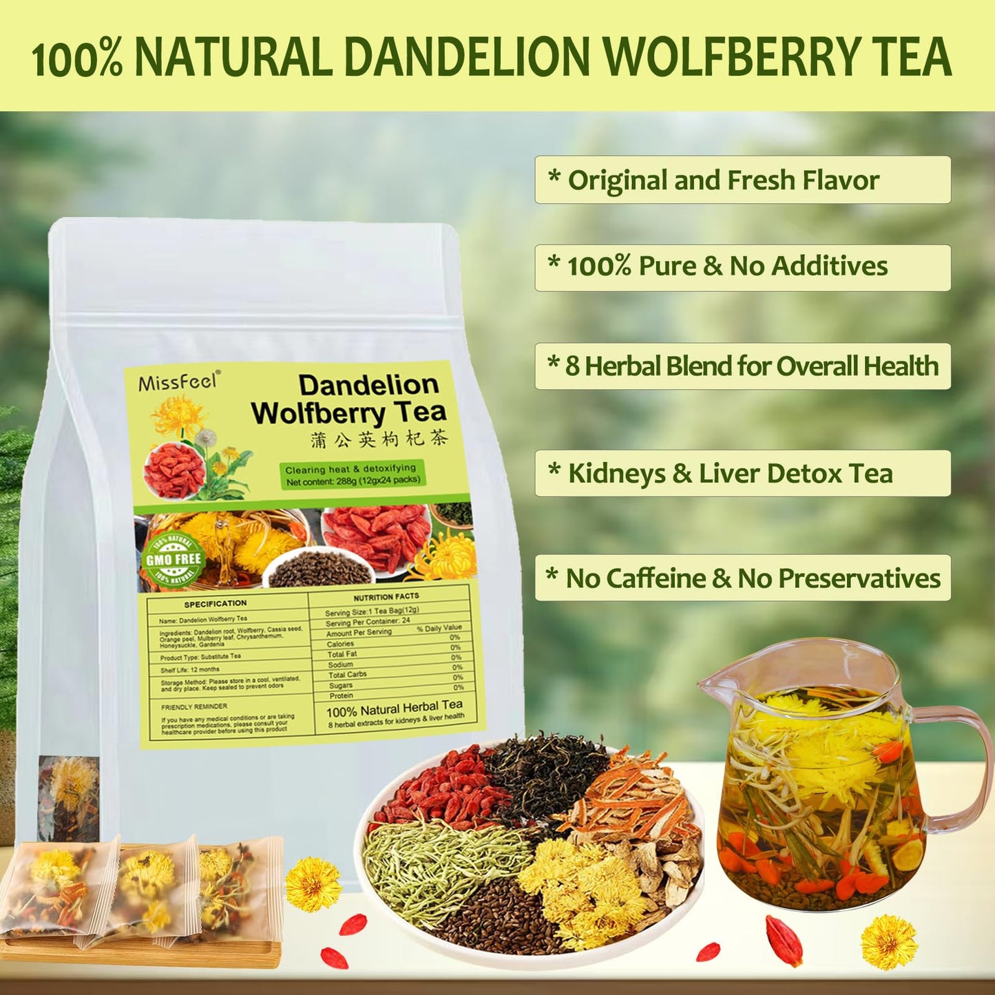Dandelion Wolfberry Tea, 24 Pcs Natural Kidney& Liver Detox Tea, 8 Chinese Herbal Ingredients Blend, Dandelion Wolfberry Organic