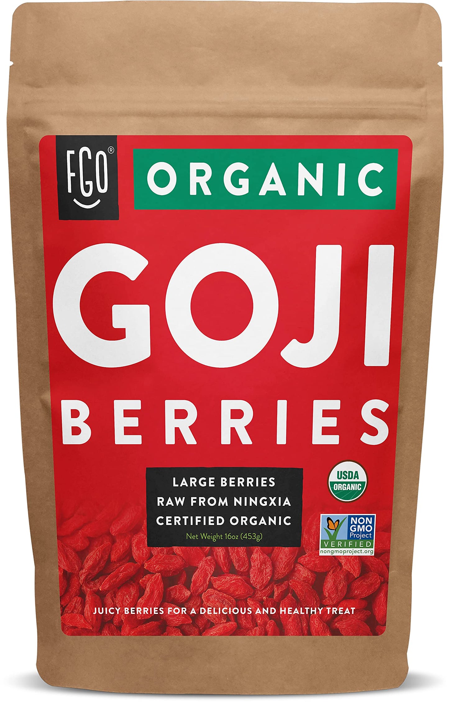 FGO Organic Goji Berries, Large & Chewy, from Ningxia, 16oz, Packaging May Vary (Pack of 1)