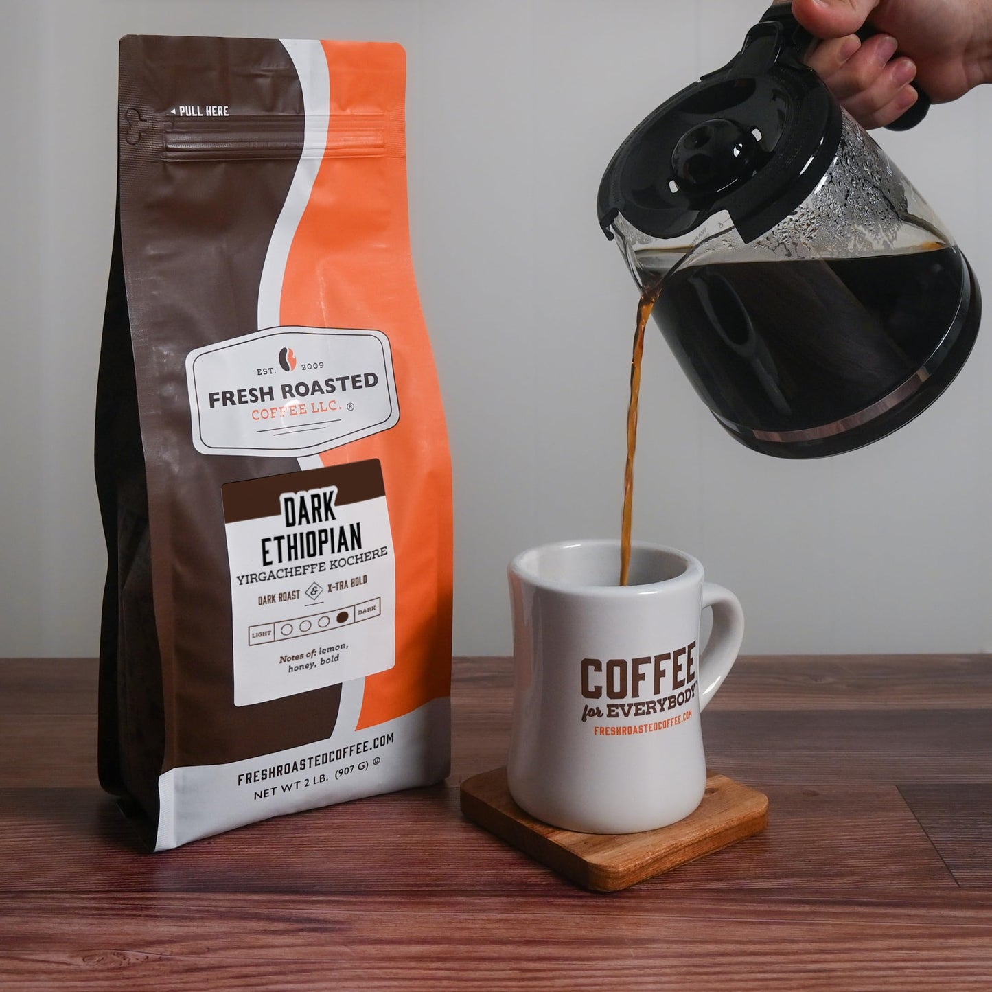 Fresh Roasted Coffee, Dark Ethiopian Yirgacheffe Kochere, 2 Lb (32 Oz), Dark Roast, Kosher, Whole Bean