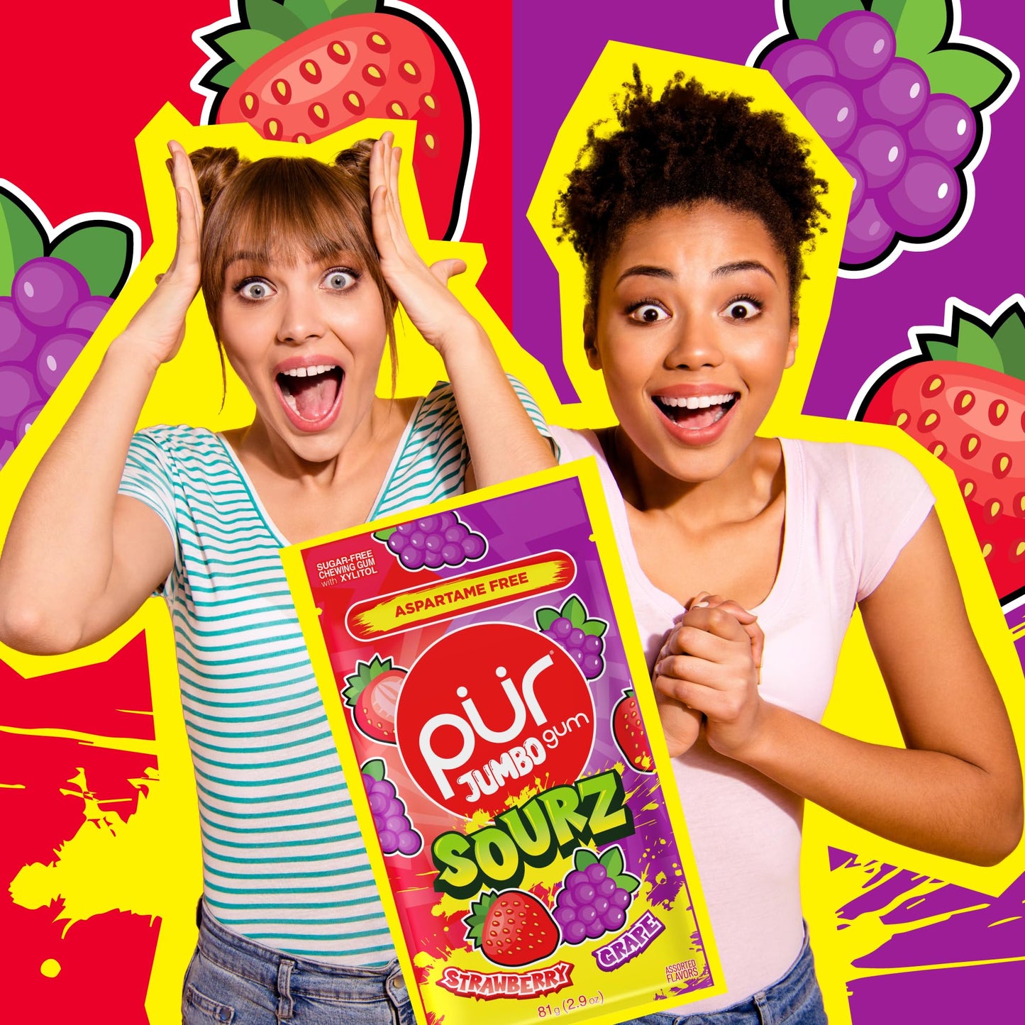 PUR Jumbo SOURZ Gum | Aspartame Free Chewing Gum | 100% Xylitol | Natural Flavor | Sour Strawberry  Sour G  20 Pieces (Pack of 1)