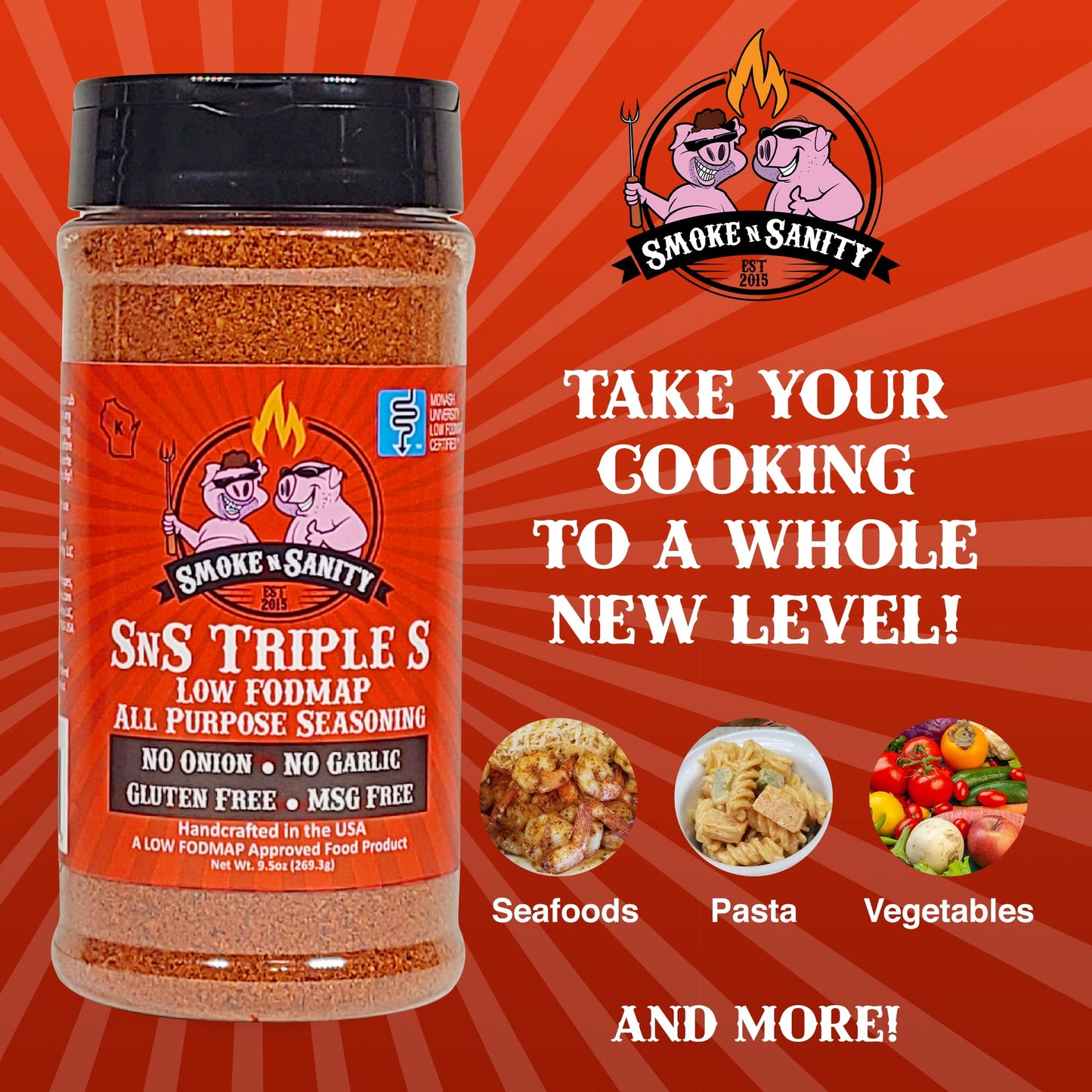 Smoke n Sanity SnS Triple S Certified Low FODMAP All Purpose Seasoning - Low FODMAP Foods - Contains No Garlic, No Onion - Glute