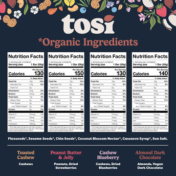 Tosi Variety Pack Protein Bars, Plant Based with Nuts, Gluten-Free Crunchy Snacks, Vegan, Organic, Flax & Chia Seeds, Soy-Free,