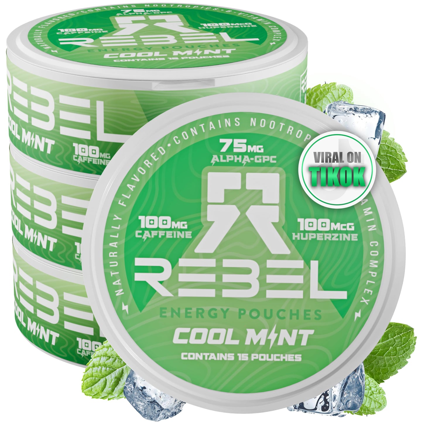Rebel Supplements Nootropic Energy Caffeine Pouches, 100mg Caffeine, Sugar-Free, Pack of 4, Cool Mint Flavor