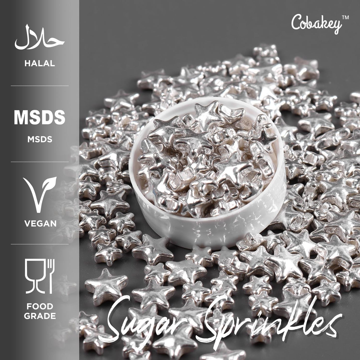 Cobakey Bright Silver Sprinkles For Cake Decorations 100G/ 3.52Oz Star Metallic Pearl Sugar Sprinkles For Cupcake Toppers Weddin