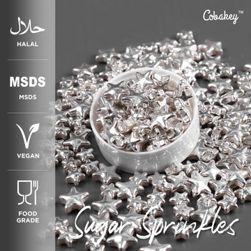 Cobakey Bright Silver Sprinkles For Cake Decorations 100G/ 3.52Oz Star Metallic Pearl Sugar Sprinkles For Cupcake Toppers Weddin