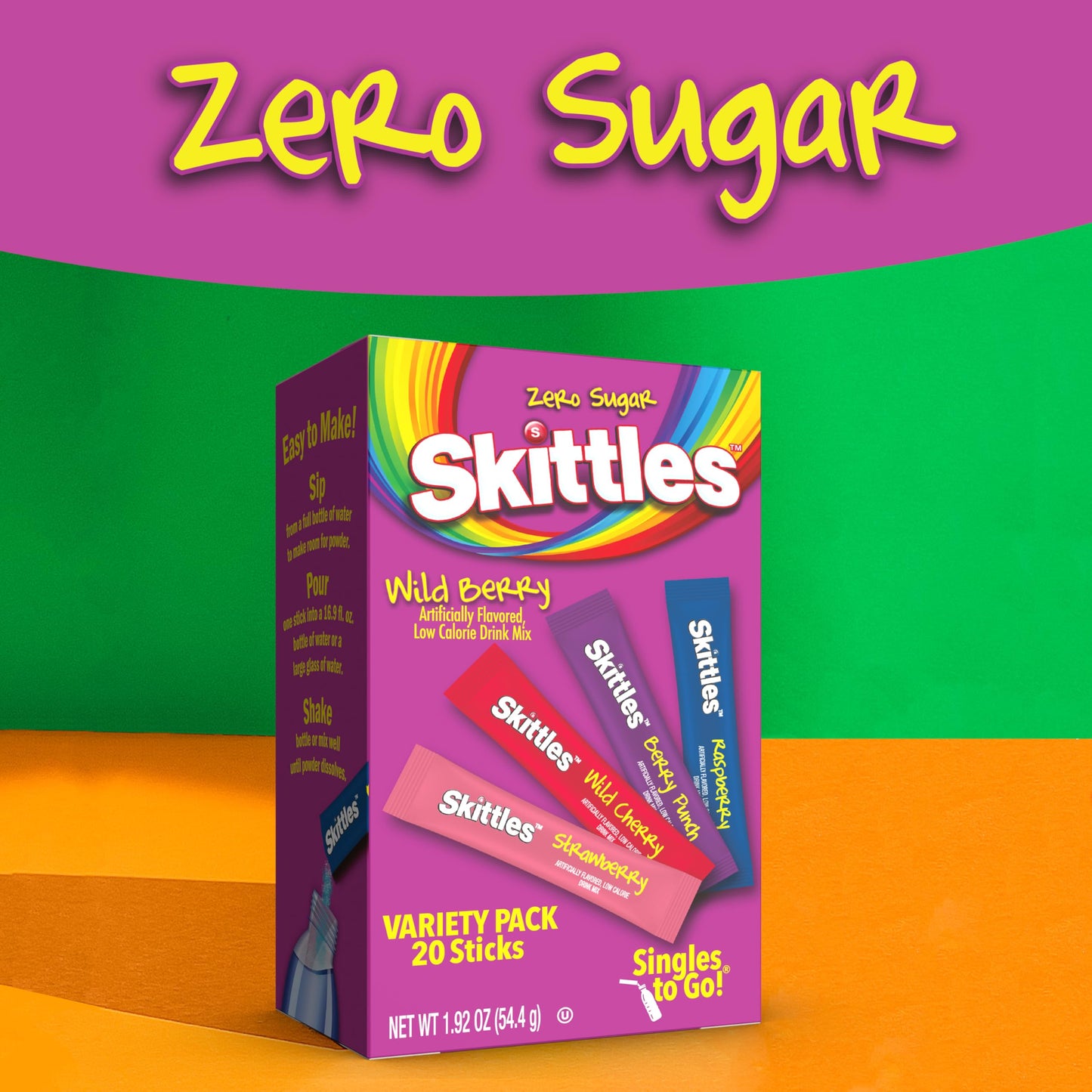 Skittles Singles To Go Variety Pack, Watertok Powdered Drink Mix, Zero Sugar, Low Calorie, Includes 4 Flavors, 1 Box (20 Single