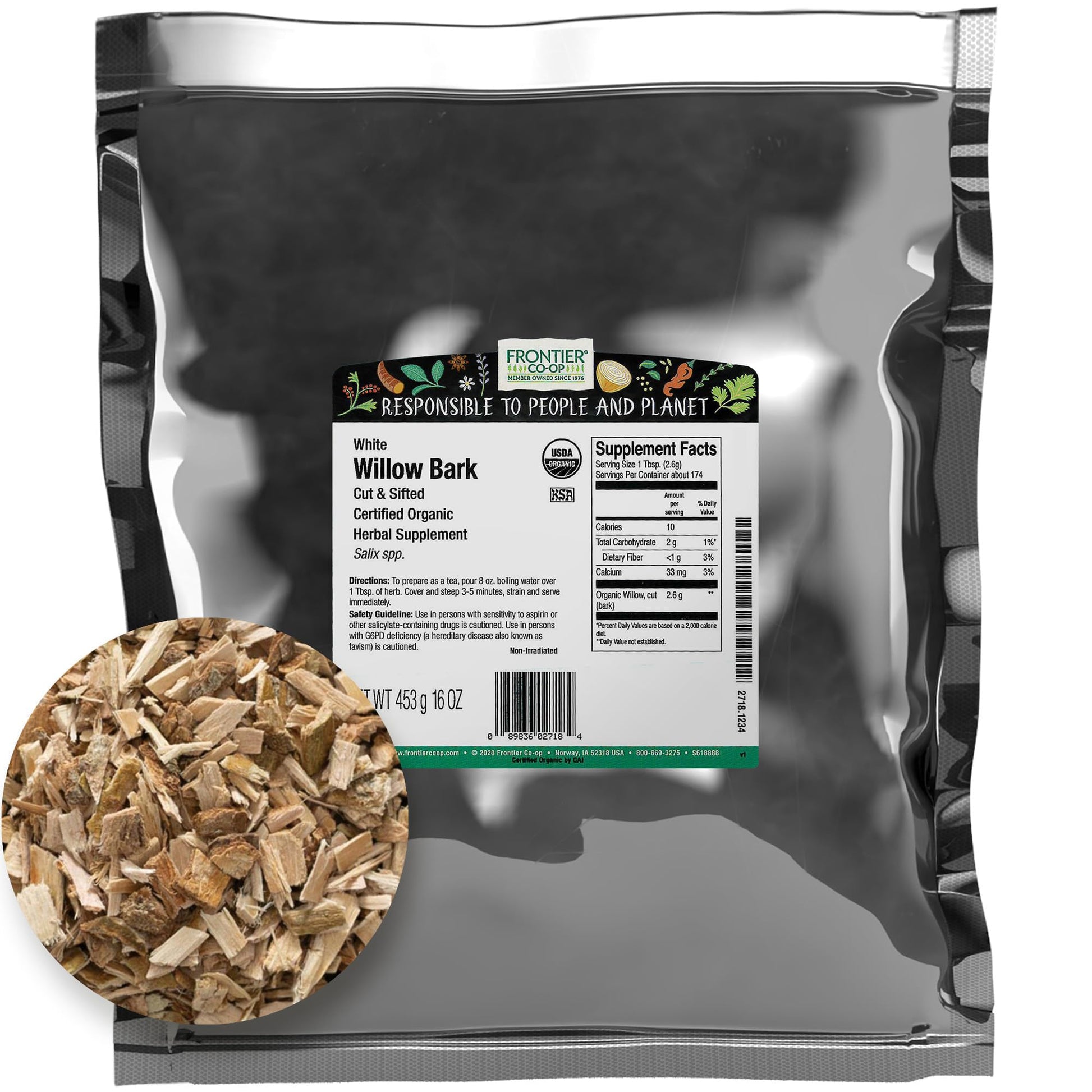 Frontier Co-op Organic Cut and Sifted White Willow Bark, 1 Pound