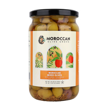 Moroccan Olive Grove Mixed Olives with Sweet Peppers, Cumin & Coriander, 26.28oz (740g), Premium Handpicked, 1 Pack