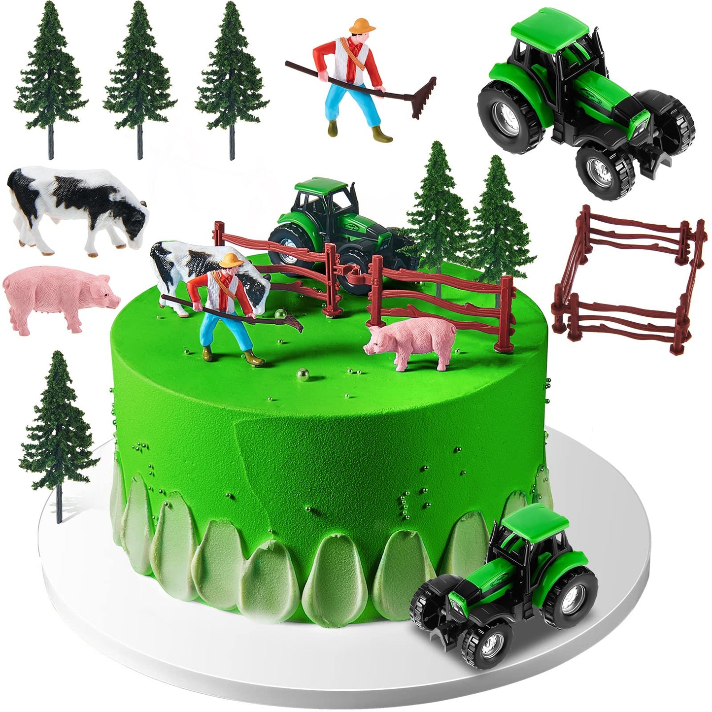 12 Pieces Farm Animal Tractor Cake Topper Set With Tree Farmer Fences Mini Barn Animal Figurines For Farm Animal Theme Party Bab