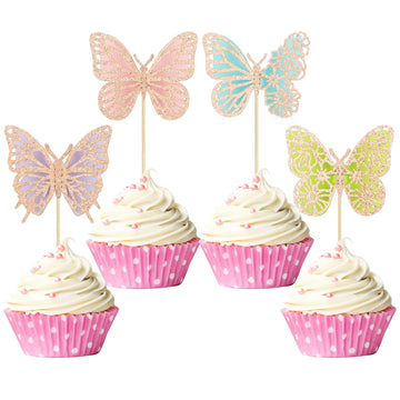 Gyufise 24Pcs Butterfly Cupcake Toppers Assembled Rose Gold Glitter Colorful Double Layers 3D Butterfly Baby Shower Cupcake Food