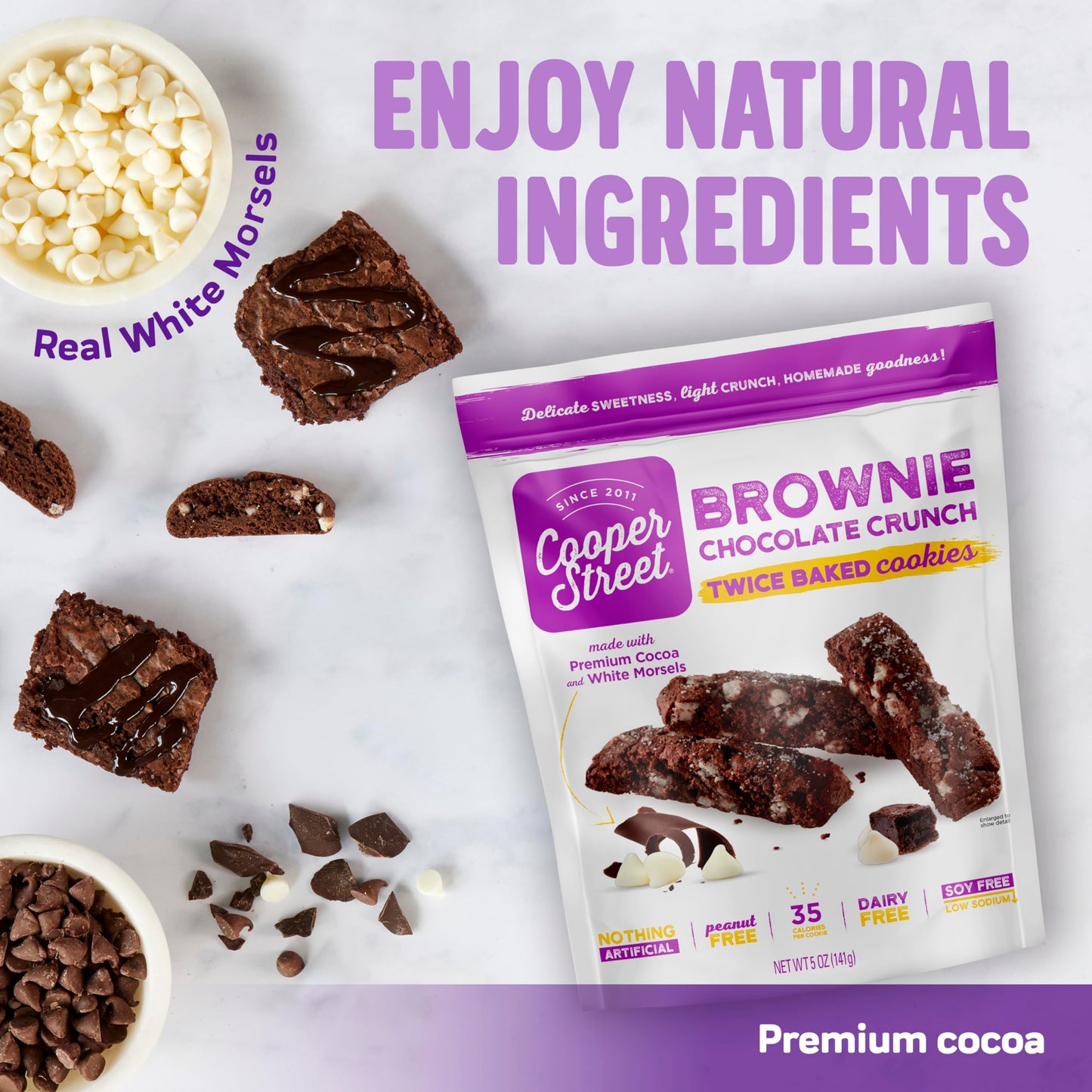 Cooper Street Italian Biscotti Cookies - Twice Baked Biscotti Style Cookie Biscuits In Delicious Brownie Chocolate Crunch | Crispy, Light And Healthy Cookies | Peanut & Dairy Free | 1.25Oz - 24 Pack
