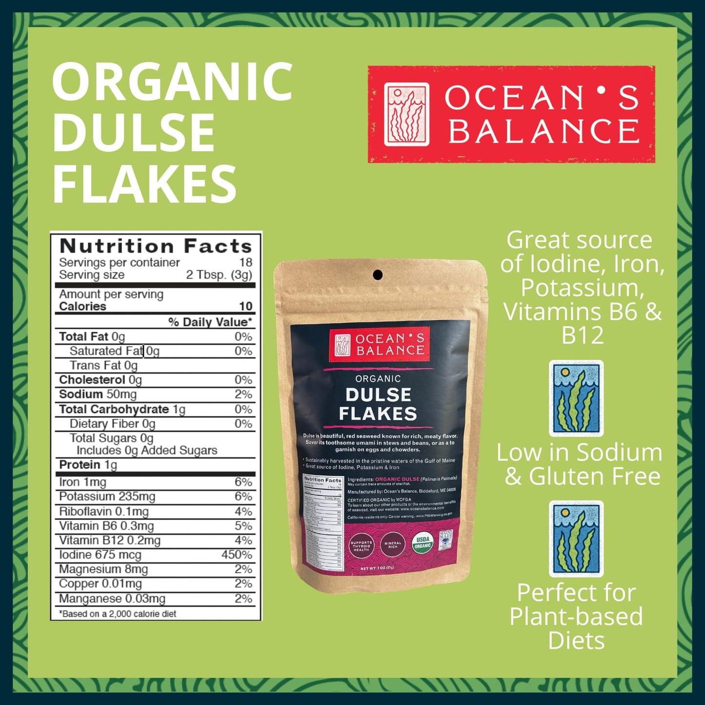 Oceans Balance Organic Dulse Flakes, Vegan Sea Vegetable, 3oz (Pack of 2)
