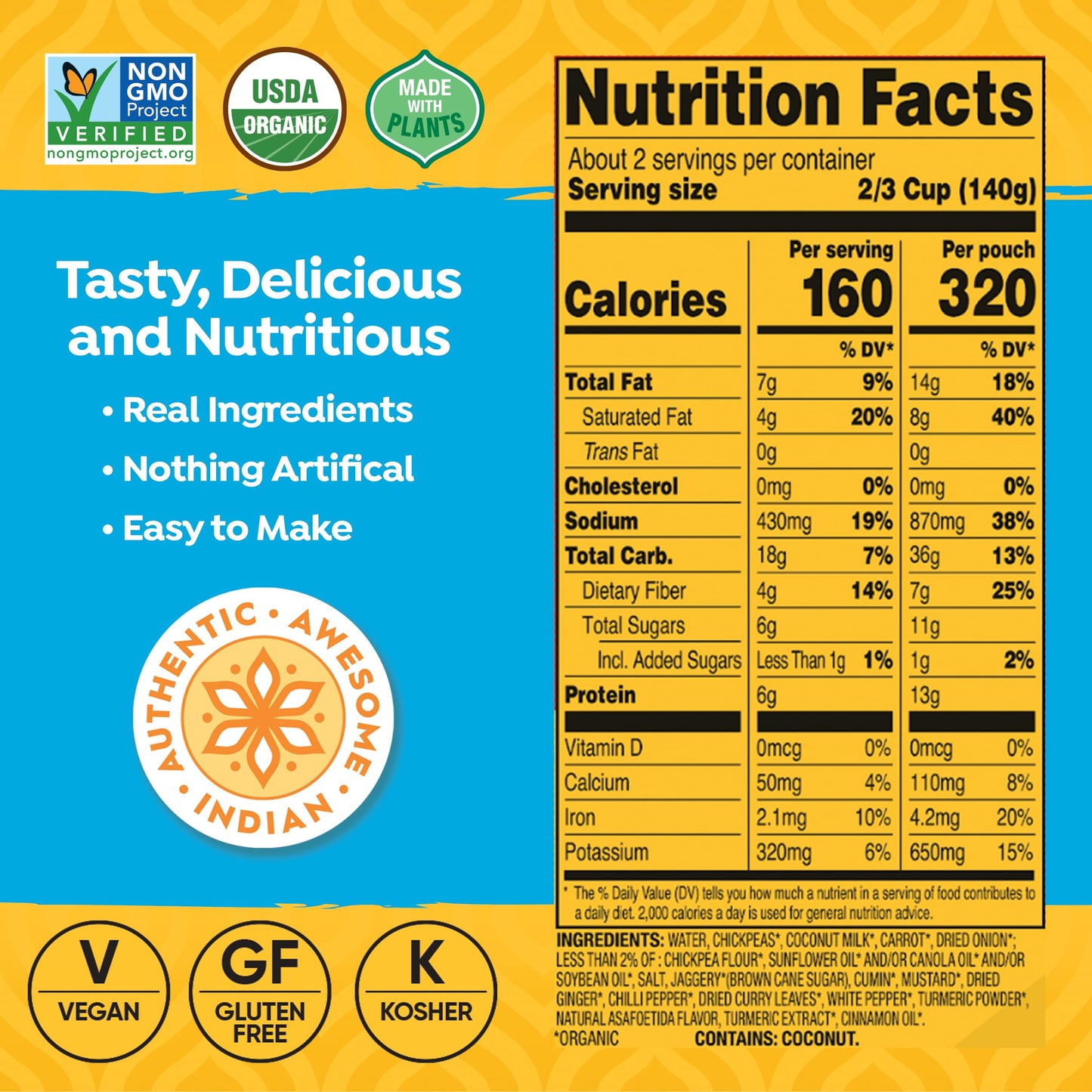 Tasty Bite Organic Chickpea Coconut and Turmeric Curry, Ready to Eat, Microwavable Entr  e, Vegan, 10 Ounce (Pack of 6)