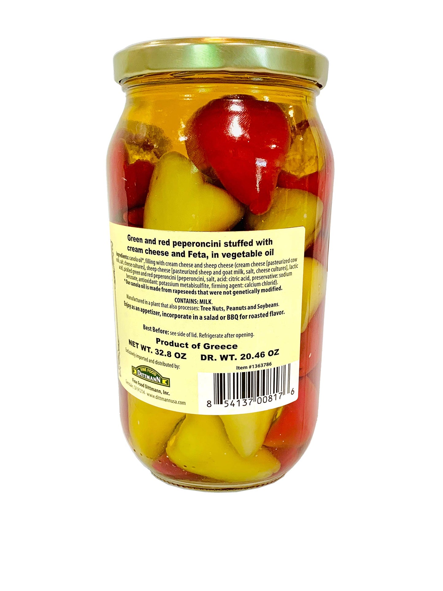 Greek Stuffed Peperoncini Duo - Greek Green And Red Peperoncini Stuffed With Cream Cheese And Feta 32.80Oz