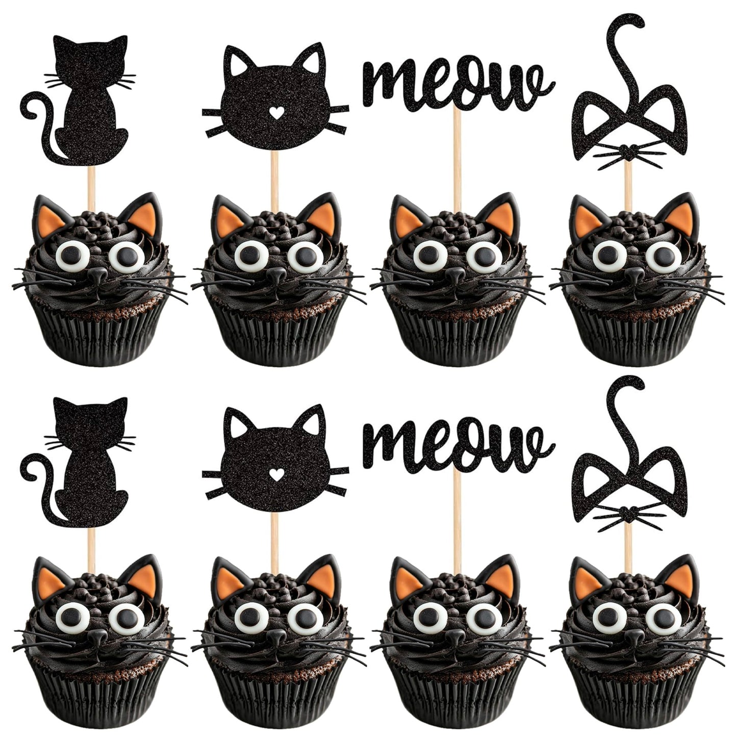 YCTHUNFISH Cat Cupcake Toppers - 24 Pack Black Glitter Kitten Theme, Small Size, Ideal for Baby Shower, Kids Birthday, Wedding Party