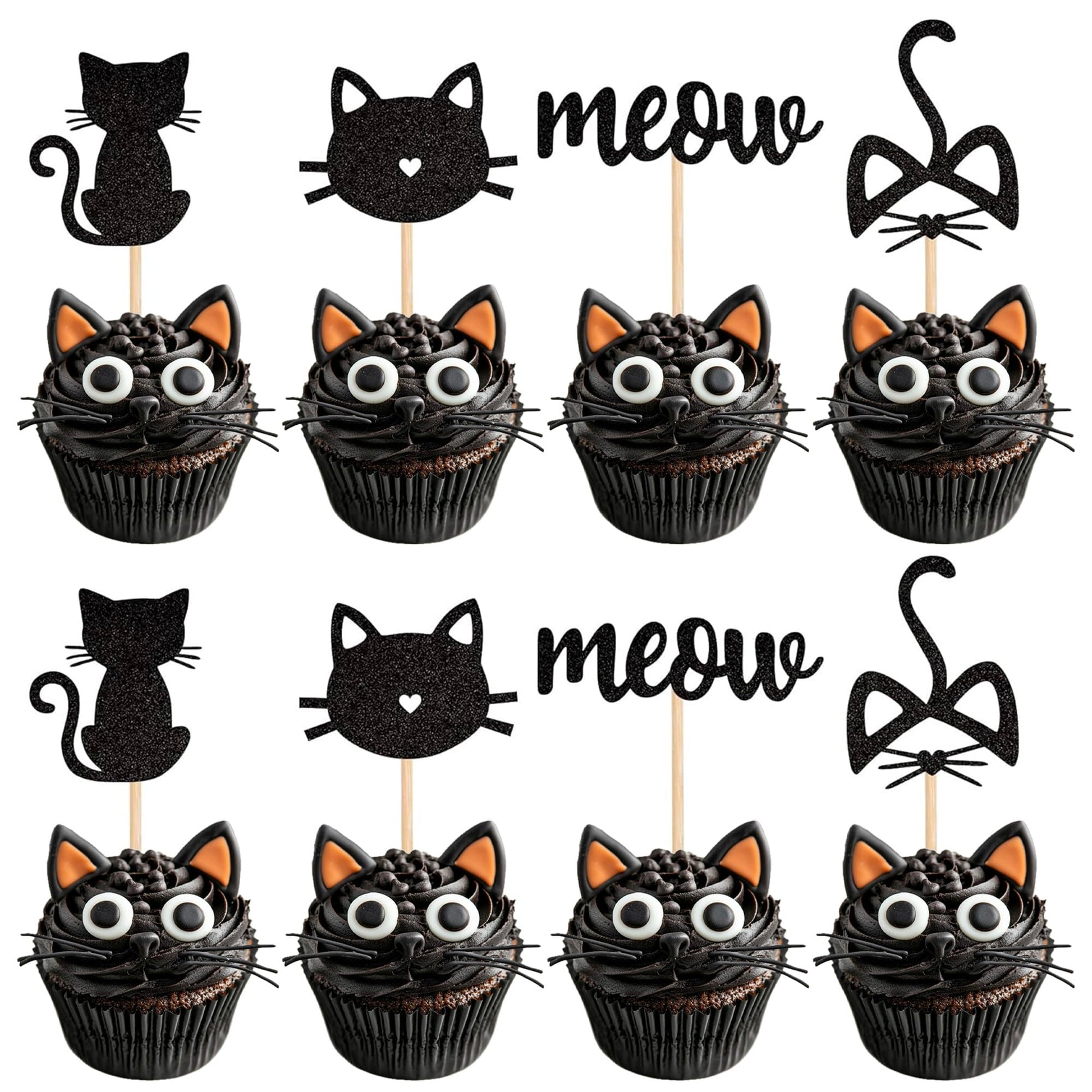 YCTHUNFISH Cat Cupcake Toppers - 24 Pack Black Glitter Kitten Theme, Small Size, Ideal for Baby Shower, Kids Birthday, Wedding Party