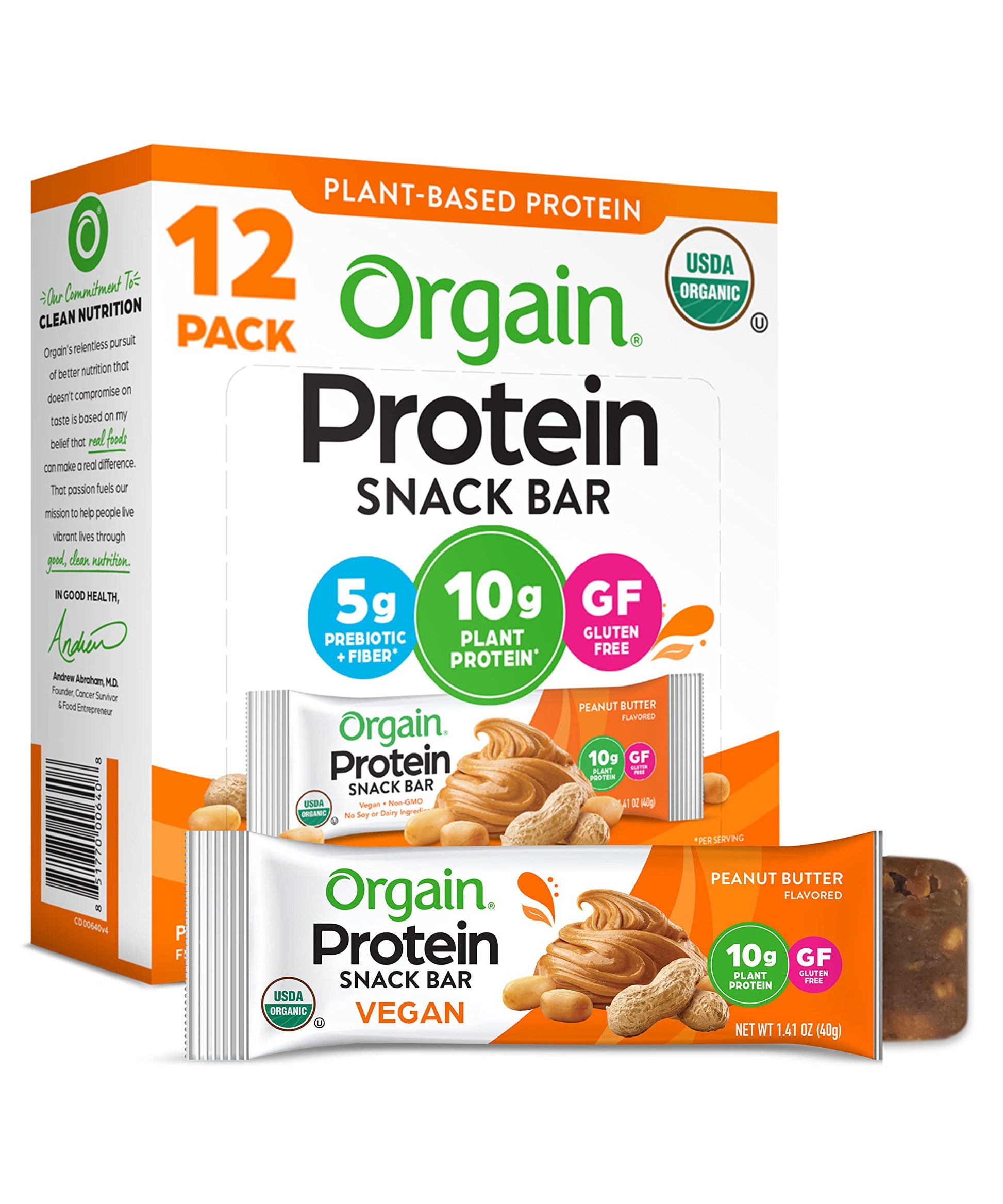 Orgain Organic Vegan Protein Bars, Peanut Butter - 10G Plant Based Protein, Gluten Free Snack Bar, Low Sugar, Dairy Free, Soy Fr