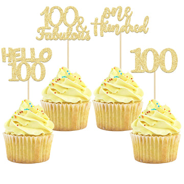 Gyufise 24Pcs Gold Glitter 100Th Birthday Cupcake Toppers Hello 100 One Hundred Cake Toppers 100 & Fabulous Cupcake Picks For 10