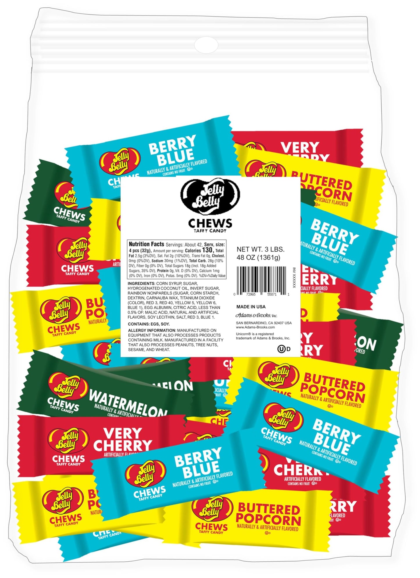 Jelly Belly Chews Taffy Candy Individually Wrapped Bulk Candy Chews - Jelly Belly Buttered Popcorn, Watermelon, Berry Blue and V