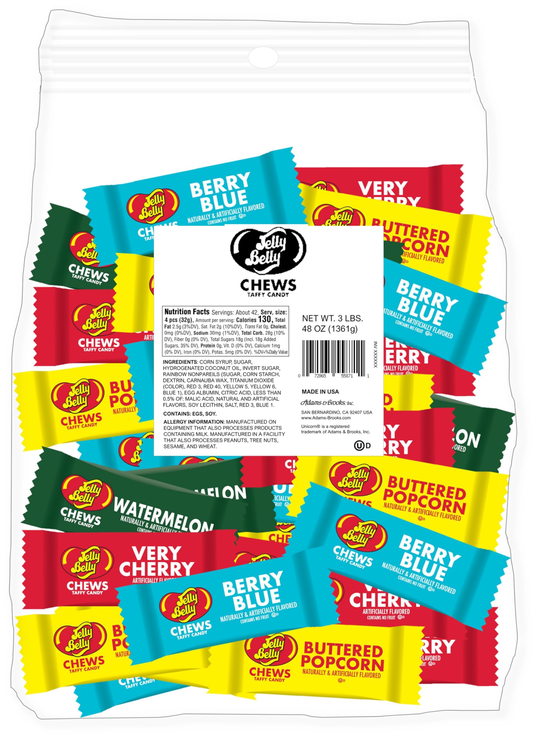 Jelly Belly Chews Taffy Candy Individually Wrapped Bulk Candy Chews - Jelly Belly Buttered Popcorn, Watermelon, Berry Blue and V