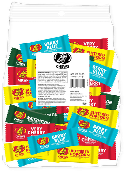 Jelly Belly Chews Taffy Candy Individually Wrapped Bulk Candy Chews - Jelly Belly Buttered Popcorn, Watermelon, Berry Blue and V