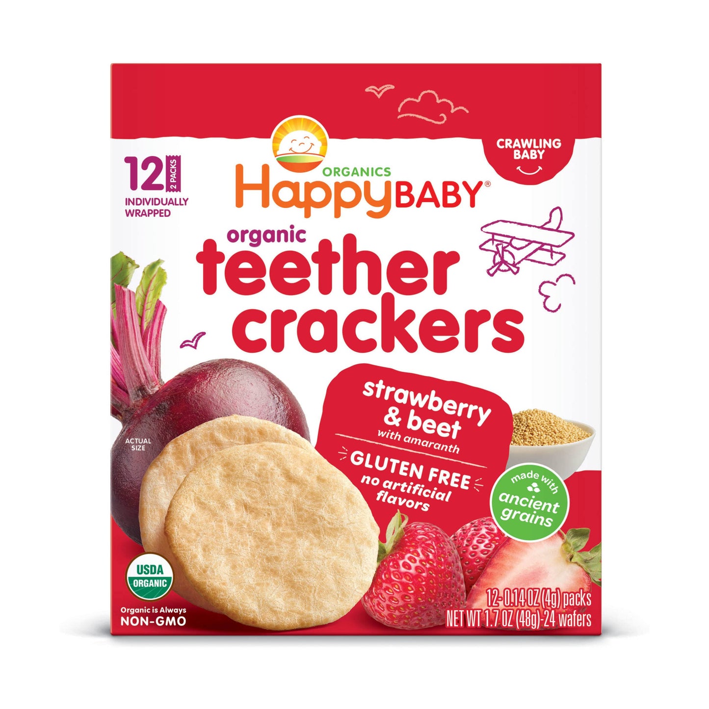Happy Baby Organic Strawberry & Beet Teether Crackers 12 Count, 1.7 Oz