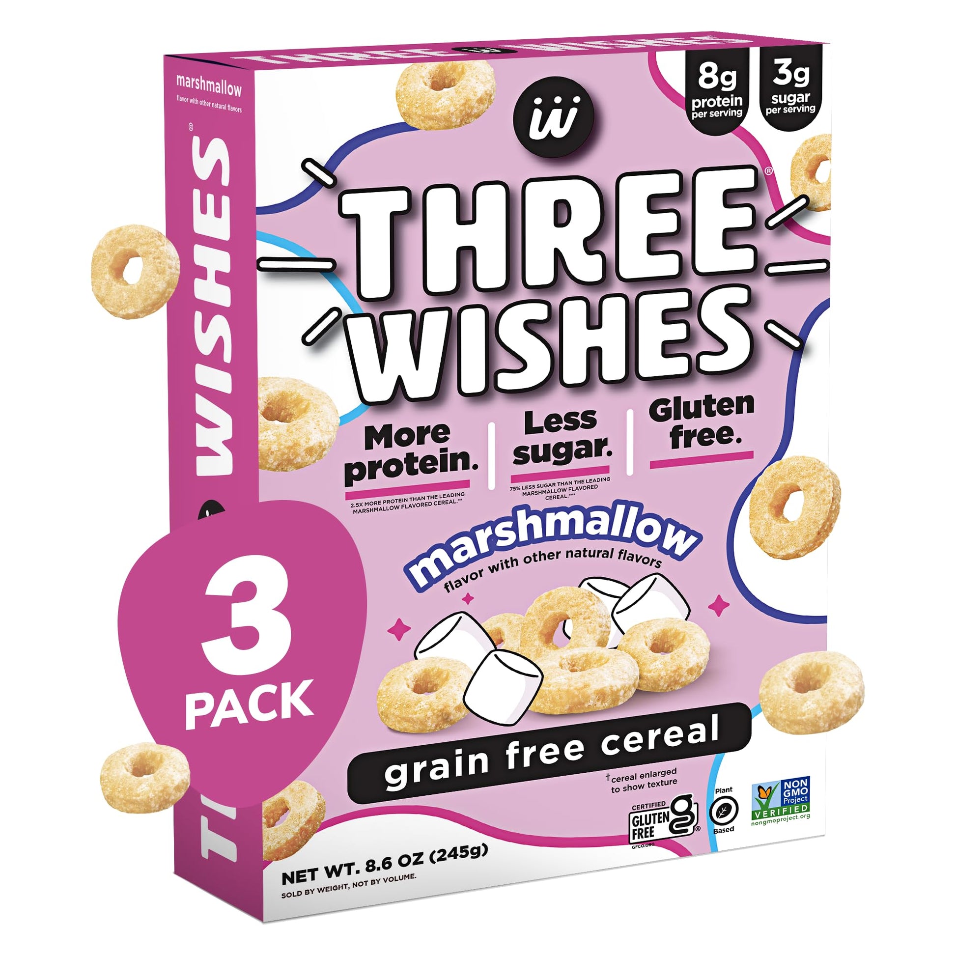 Protein and Gluten Free Breakfast Cereal by Three Wishes (3-Pack) - Marshmallow - 8g of Protein and 3g of Sugar Snack - Kosher, 