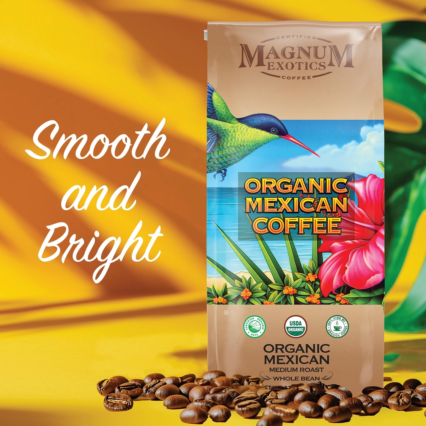 Magnum Exotics Organic Mexican Coffee - Medium Roast  Whole Bean  Low Acid  USDA Certified Organic - 2 lb (32 oz)