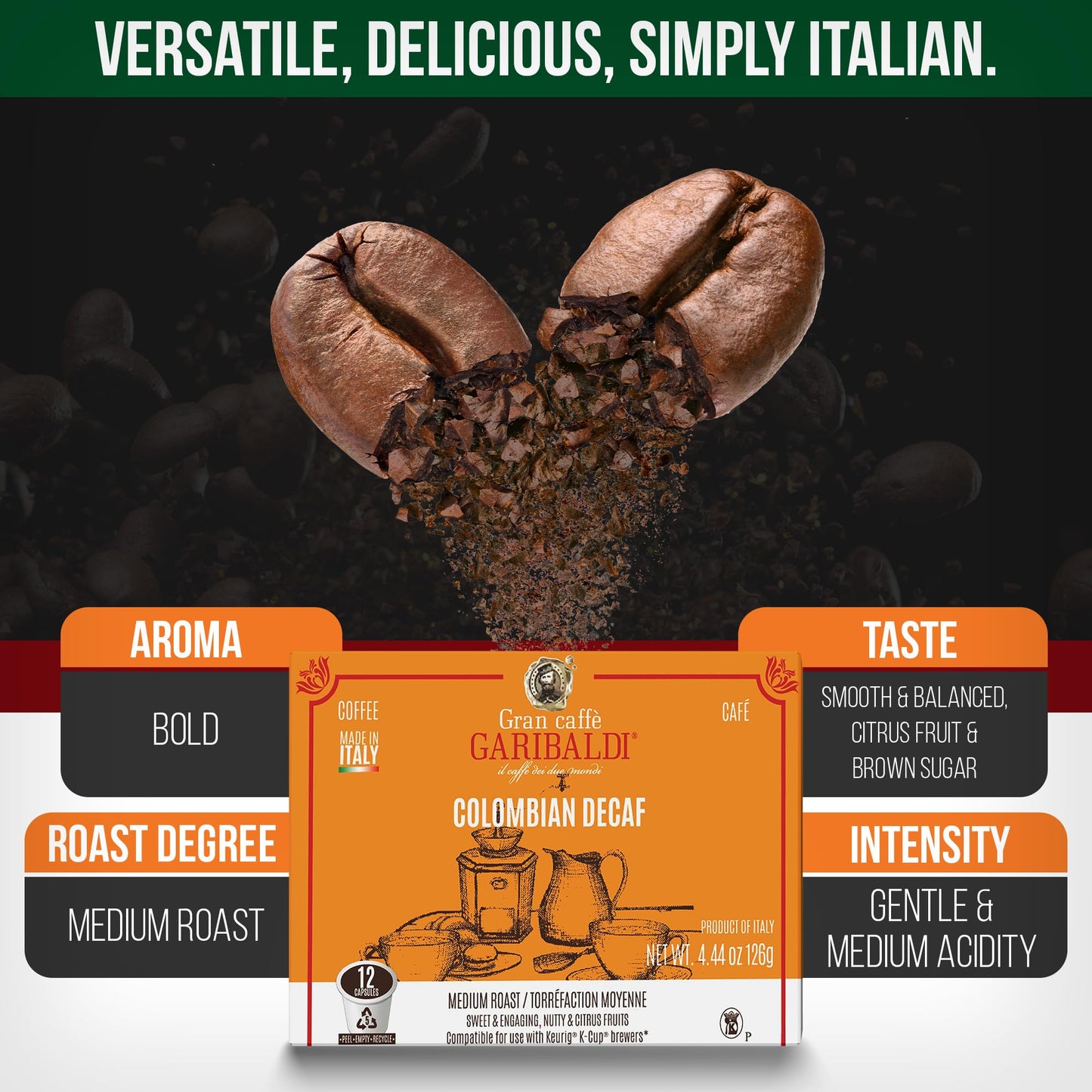 Caffè Garibaldi Colombian Decaf Coffee Pods, Medium Roast, 12 Count Recyclable compact pieces for Keurig K-Cup malt-inspired