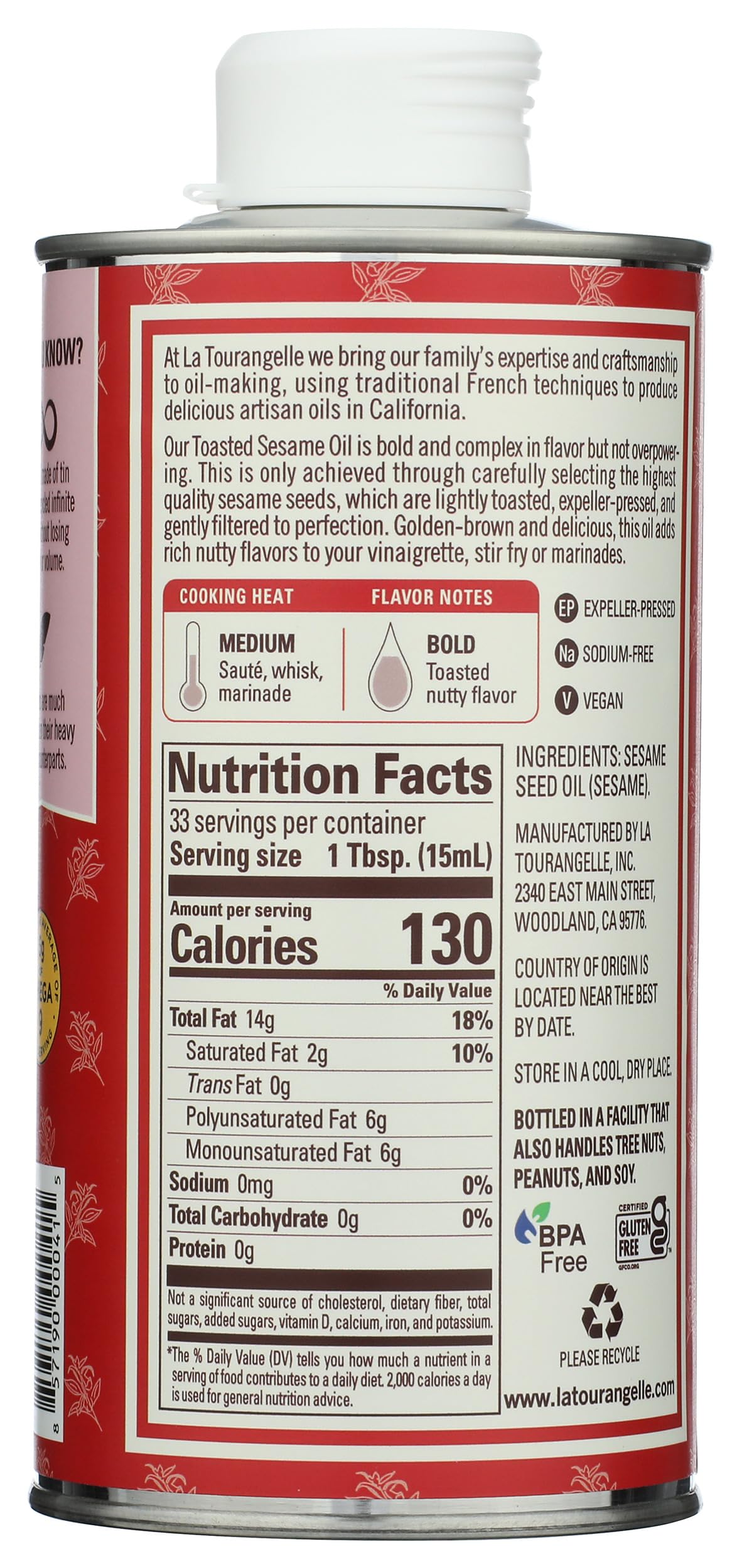 La Tourangelle Toasted Sesame Oil 16.9 Fl. Oz., All-Natural, Artisanal, Great for Stir Fry, Curries, Noodles, or as a Marinade