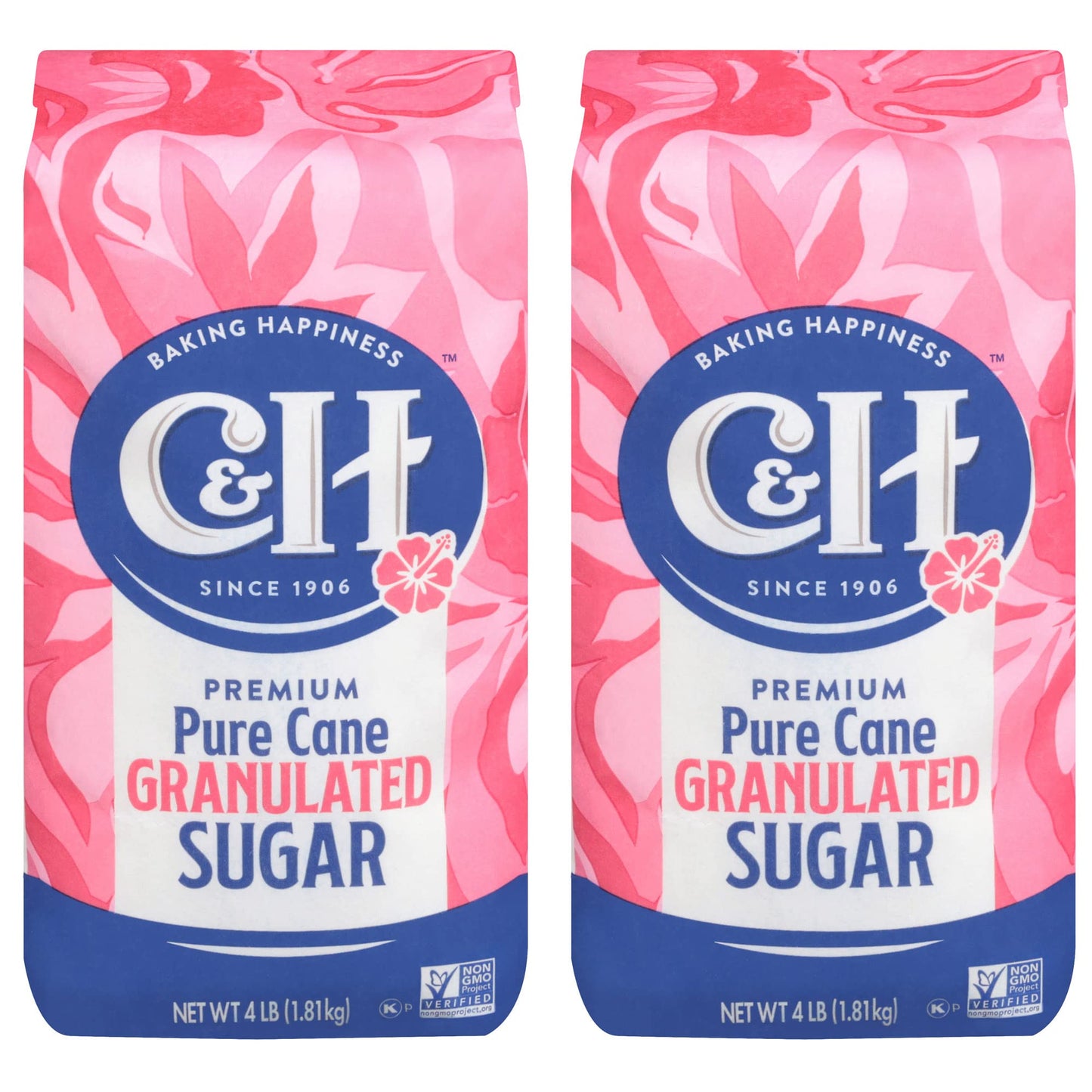 C&H Premium Pure Cane Granulated Sugar, 4 LB Bag, Pack of 2, 1 Count